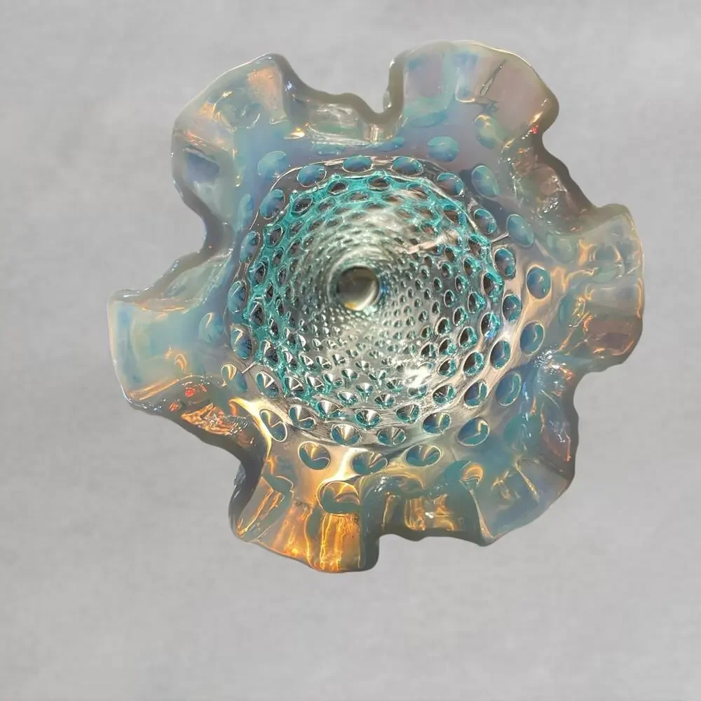 Vtg Fenton Opalescent Blue Hobnail 2-Piece Epergne Trumpet Flower Vase Pre 1970s